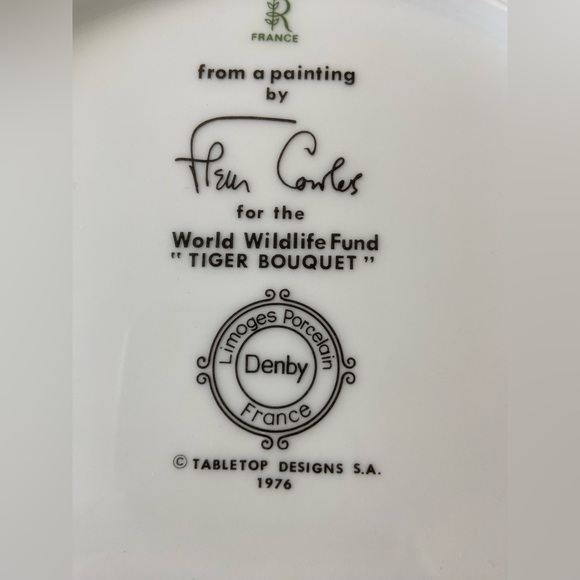 Vtg Denby Limoges Fleur Cowles TIGER BOUQUET Plate -Pink Rim World Wildlife Fund - Picture 5 of 9